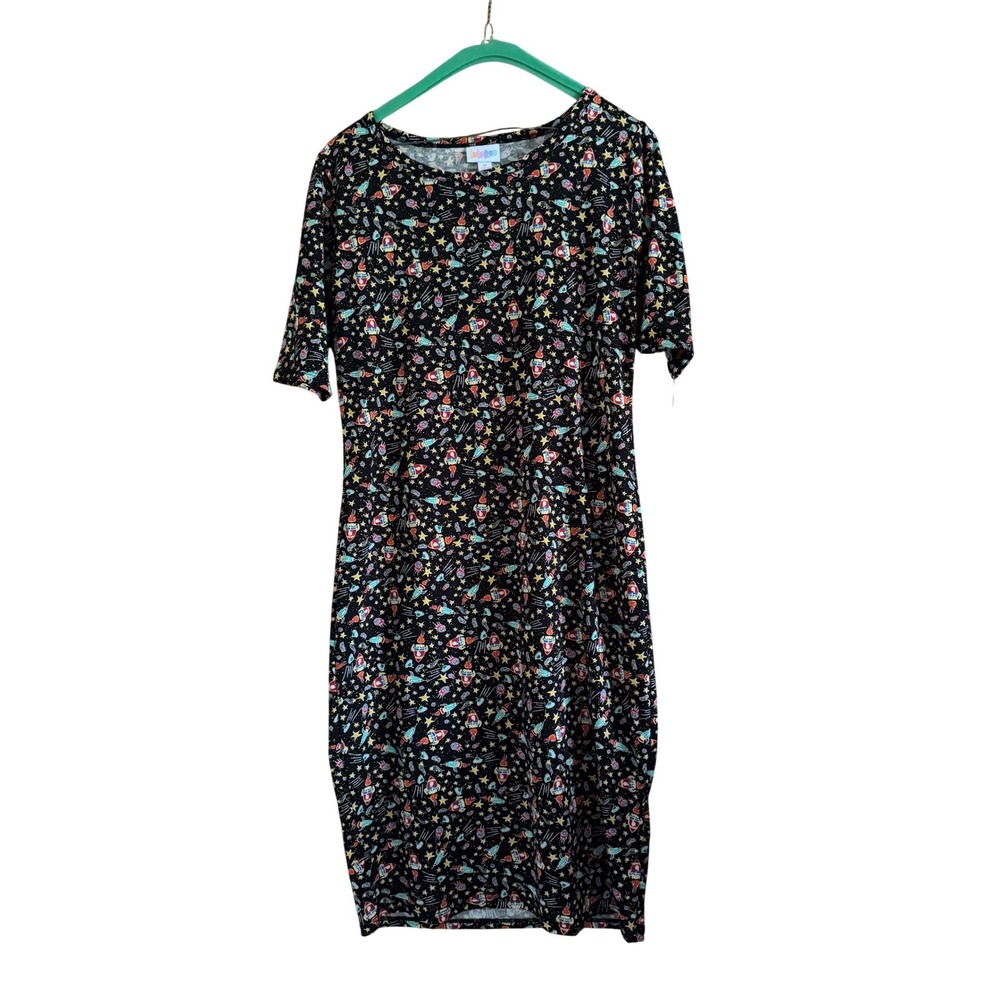 LuLaRoe Julia Dress Womens Medium Black Space Rocket UFO Star Novelty Print NWT